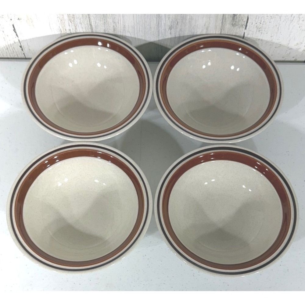 Contemporary Chateau Cereal Bowls 6.5" Beige Brown Banded Stoneware Set of 4